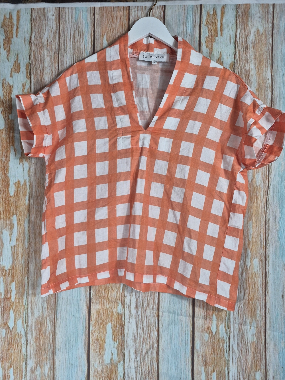 Brooke Wright Orange Gingham V-Neck Blouse